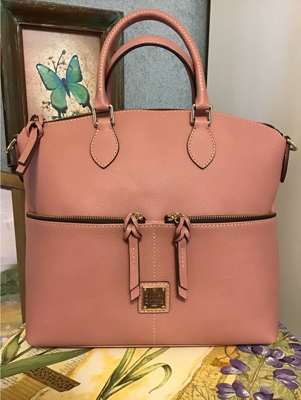 Dooney Sorrento leather double pocket satchel dusty rose pink